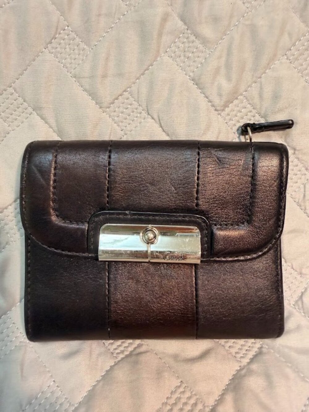 Coach Black Leather Compact Wallet with Coin Zip